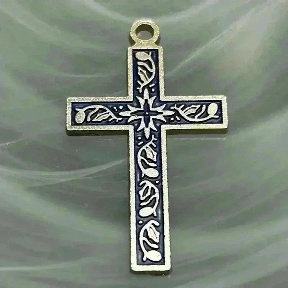 Vintage Etched Motif Blue Enamel Cross Pendant - Picture 2 of 4